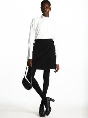 COS Black Wool Lyocell Blend Felt Front Button Mini A-Line Wrap Skirt, Size 34
